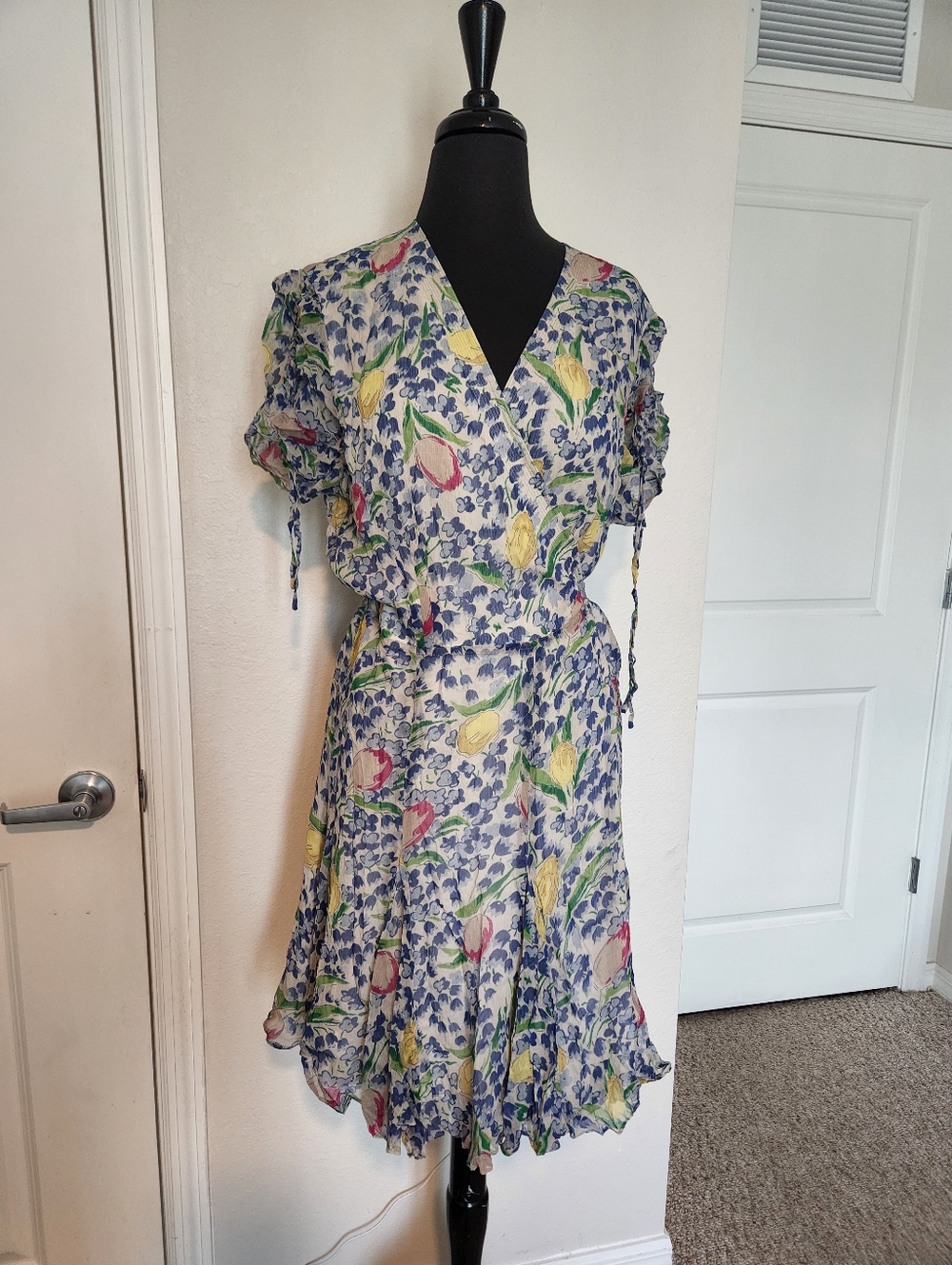 Polo by Ralph Lauren Blue Floral Wrap Mini Dress with Pastel Tulips - Picture 4 of 12
